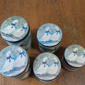 Set of 5 Duck-Print Decorative Tins - Blue & White